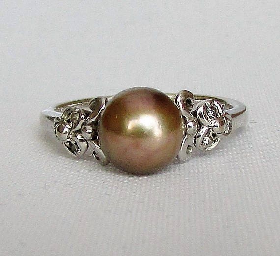 Cocoa Pearl and Diamond Ring Solid 14K White Gold Unique