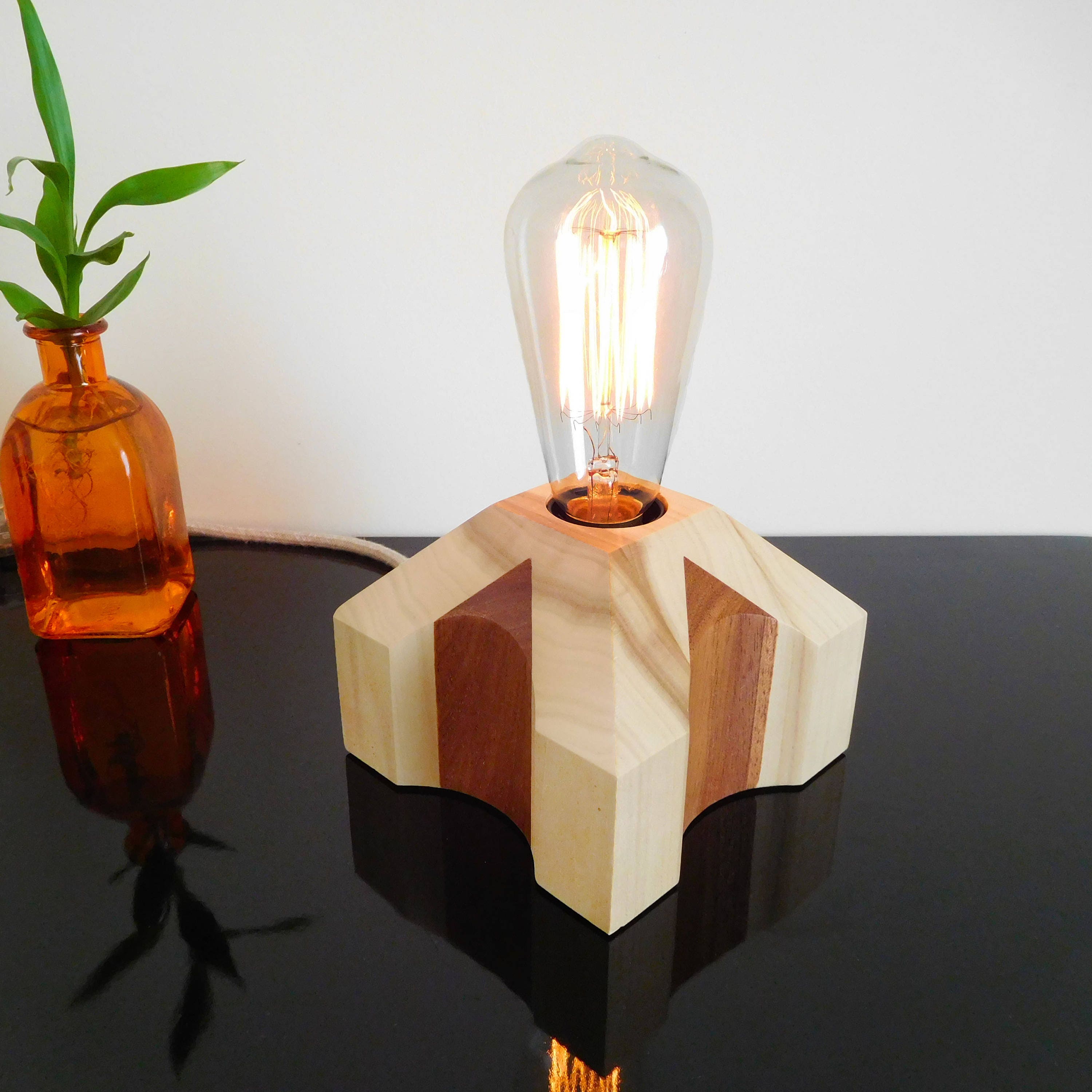 Bedside unusual lamp with dimmable edison bulb handcrafted