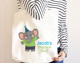 Personalized Daycare Bag - Elephant Diaper Bag - Custom Library Book Bag - Canvas Tote Bag