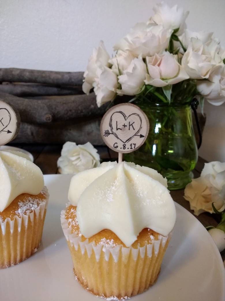Rustic Wedding Decor Cupcake Toppers Custom Initials & Date