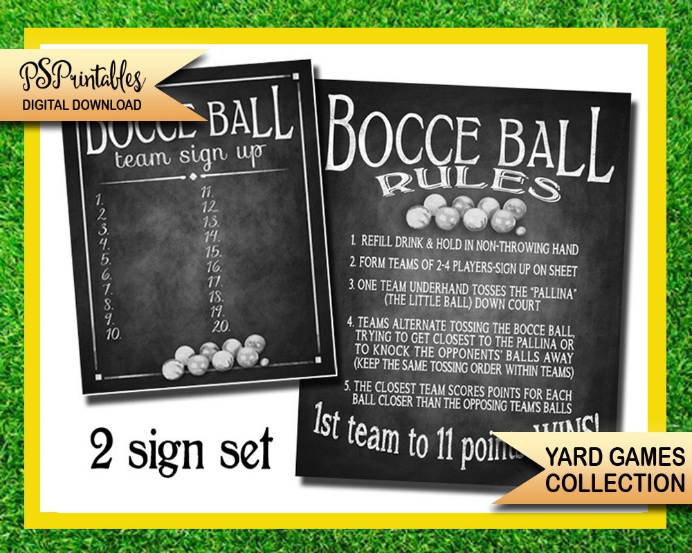 BOCCE BALL sign up and rules sign set in chalkboard