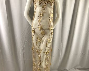 Rose Gold Autumn Dance Flowers Embroider With Sequins On a Mesh Lace -By The Yard