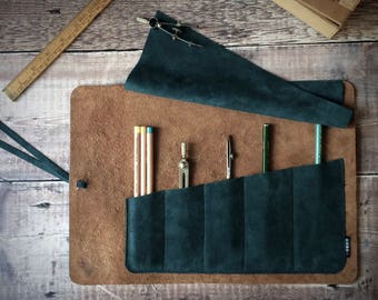 Leather and suede tool roll, brush roll, pencil roll - forest green suede