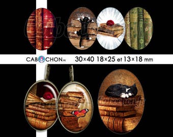 Vieux Livres • 45 Images Digitales OVALES 30x40 18x25 13x18 mm chat livre grimoire vieux vintage ancien cabochon