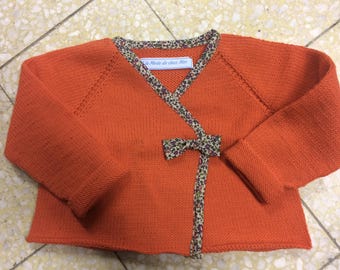 Pure orange wool and Liberty fabric wrap Cardigan