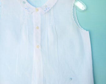 Vintage White Infant Diaper Shirt w/ Blue Embroidery & Tiny Collar 1 Year