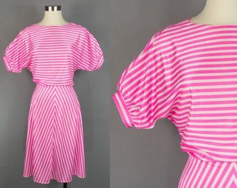 80s Pink Striped Midi Dress Large, Handmade Vintage Bias Cut Dress, Puff Sleeve, 1980s House Dress Chevron, Tea Length
