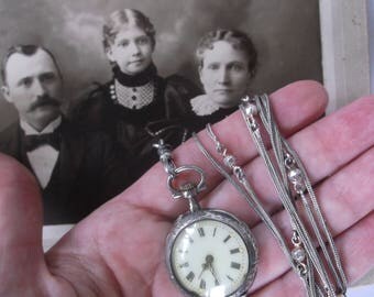 Antique 1800s Sterling Silver Pocket Watch on Long Sterling watch Necklace, Roman Numerals, Gold Dot Design, Running