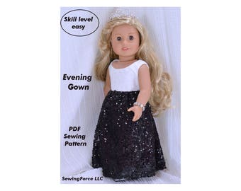 Evening Gown Dress, 18 inch Doll Clothes pattern, PDF Sewing Pattern fits most 18 inch dolls, American Girl doll clothes patterns, dress