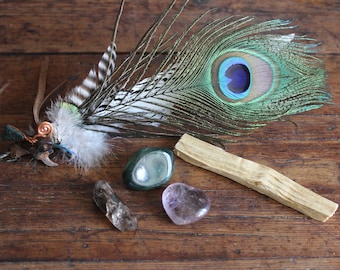 Healing Kit-Smudge Fan, Palo Santo and Stones:Jade, Smokey Quartz (with chlorite,rutile) and Amethyst Heart (with hematite, goetite, quartz)