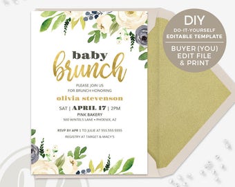 Baby Brunch Invitation - Floral, Baby Shower Invitation, Instant Download, Faux Gold Foil, PDF Template, Printable Invitation