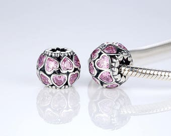 925 Silver Pinkish Crystal Heart Circle Round Charm Bead Spacer. Fit Pandora Charm Jewelry DIY Original Fits European Bracelet or Necklace