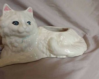 Vintage White Ceramic Cat Planter