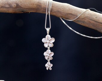 Sterling Silver Crystal Hawaiian Plumeria Flower pendant Necklace