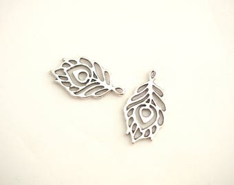 2 charms 22x13mm silver Peacock feather