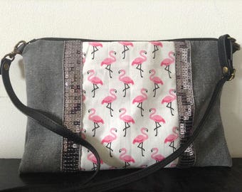 Handbag cotton shoulder bag, Flemish roses and lace sequins, anse removable faux leather adjustable
