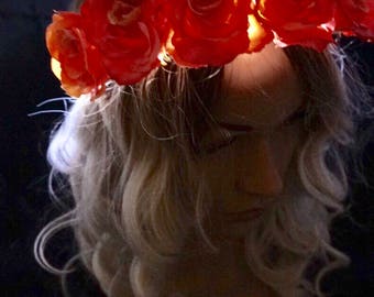Lana Del Rey Peach Orange Rose crown with white LED Flower Crown, festival crown, rave crown, LED crown
