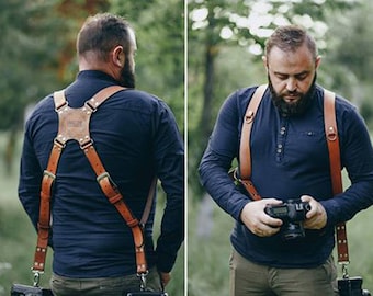 Leather Cameras Strap, Dual Cameras Strap, Two Cameras Harness, Photographer Harness, Dual DSLR Harness, Dual DSLR Strap, Photographer Strap
