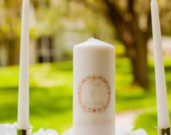Blush & Gray Personalized Unity Candle Set, Wedding Gift, Floral Wreath Candle, Wedding Ceremony, Monogram Candle Set