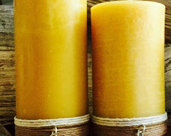 Beeswax Candle-organic beeswax pillar candle-w/natural hemp cord & a honey bee or heart charm-pure beeswax candle-3" up to 8" candle-organic