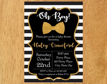 Little Man Baby Shower Invitation, Black and Gold Baby Invitation, Oh Boy Baby Shower, Black White Stripes,Bow Tie Baby Shower Invitation