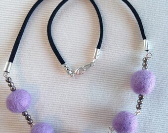 women Bohemian chic necklace purple violet felted wool balls and beads black