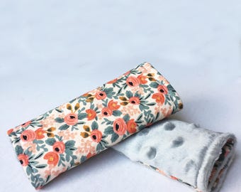 Car Seat Strap Covers-Reversible-Peach Rosa Floral w/ Grey Minky Dot