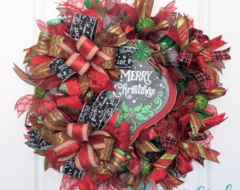 Merry Christmas Deco Mesh Wreath for Front Door - Holiday Deco Mesh Wreath - Christmas Wreath - Christmas Decorations - Front Door Wreath