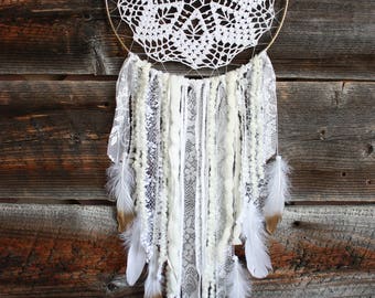 White Gold Dreamcatcher-Dream Catcher-Boho Dreamcatcher-Lace Dreamcatcher-Bohemian Decor-Boho Chic Decor-Doily Dreamcatcher-Nursery Decor