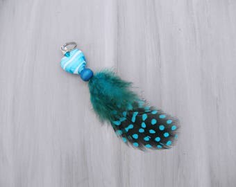 Horse bridle charm, Light blue feather charm, Horse feather charm, Horse tack charm, Millefiori heart charm