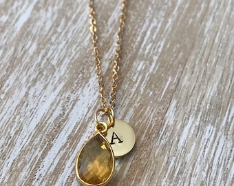 Citrine pendant, Birthstone Initial Necklace, November Birthstone Pendant, initial Stamped Jewelry, Grandma Jewelry gift, Citrine necklace