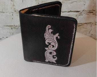 Tooled leather bi-fold wallet with bill fold, black and grey, hand made