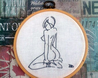Gift|for|him Naked woman embroidery hoop art Sexy art embroidery decor Monochrome art Minimalist art Girl silhouette Needlework portrait