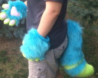 READY TO SHIP! Blue and green Squeaky Fursuit Hand paws + Tail