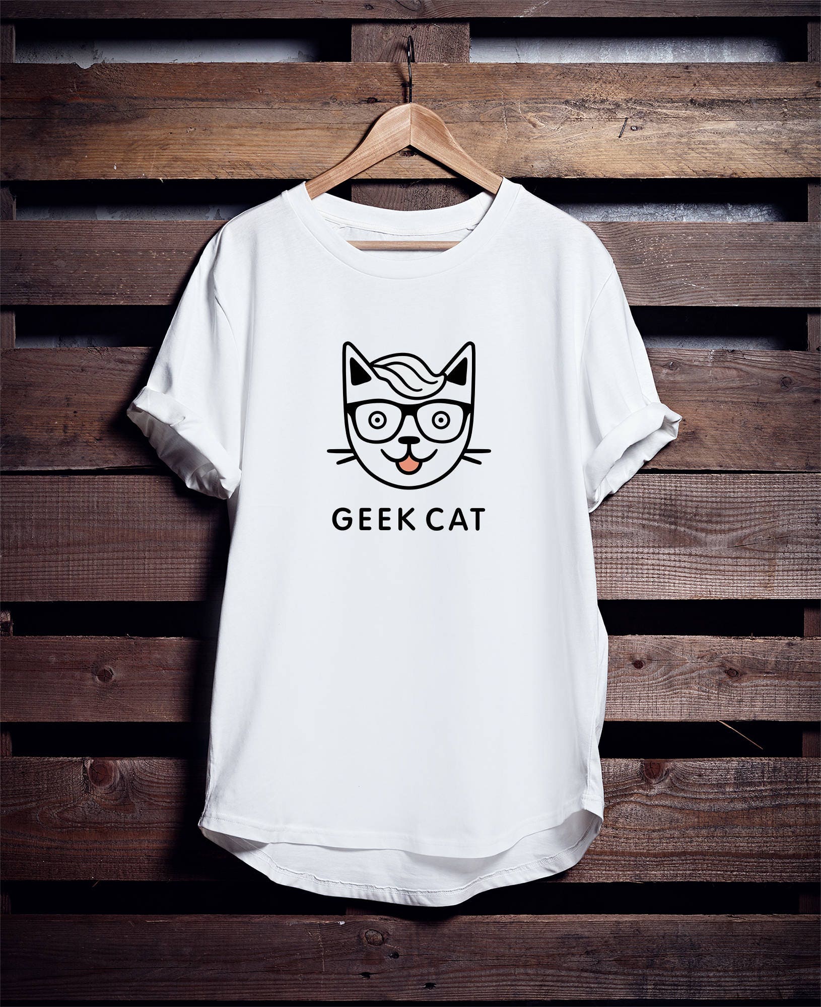 Geek Cat Shirt Cotton T-shirt Cat Shirt White Shirt