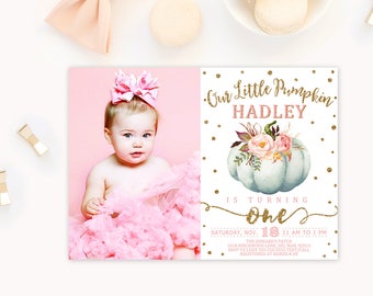 Girl Pumpkin Invitation, Pumpkin birthday invitation, pink and gold pumpkin invitation, pumpkin invitations, 1st birthday invitation, first