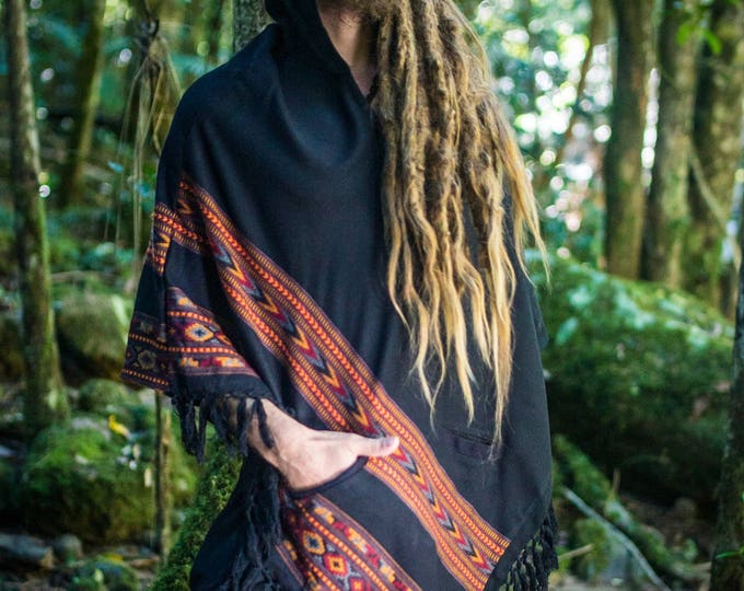 Men's Wool Hooded Poncho Desert Sand Brown l with Hood pockets, Earthy Tribal Celtic Festival Gypsy AJJAYA Mexican Primitive Nomadic