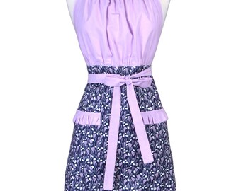 Womens Retro Chef Apron Dreamscape Navy Amethyst Retro Kitsch Style Kitchen Cooking with Pockets (CS)