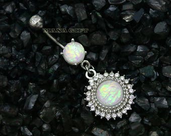 Crystal Paved Shield Dangle Belly Button Ring, Opal Shield Dangle Navel Ring, White Opal, BUHBJ 23