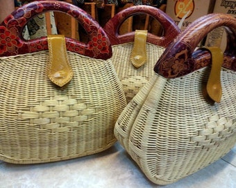 Vintage rattan bag, handmade bag, boho bag, hand bag, handmade straw bag, handwoven wicker, batik bag, wooden bag