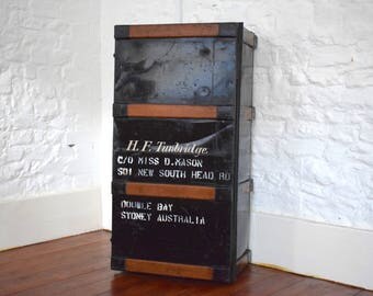 Antique,steamer trunk,metal chest,trunk,antique trunk,vintage trunk,vintage storage,coffee table trunk,storage trunk,old steamer,lamp stand