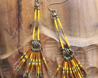 Longues Boucles d'oreilles Ethniques • Esprit amérindien • Perles Miyuki • Bronze • Bijou Ethnique • Bijou créateur • Bijou rustique tribal