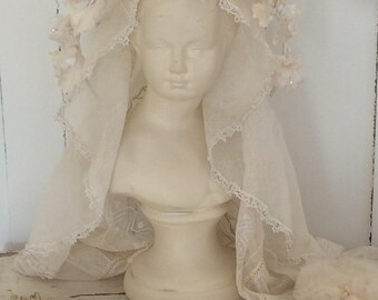 Vintage French plaster bust young lady plaster statue romantic home decor french brocante jeanne d'arc nordic
