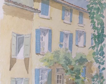 Pernes-les-Fontaines watercolor painting aquarelle Houses in Rue Victor Hugo acuarela Provence aquarel wasserfarben