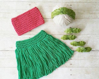 Crochet Lilo Hawaiian Hawaii Hula Dancer Girl Grass Skirt Tube Top Leaf Headband Wristlet Infant Newborn Baby Photography Prop Shower Gift