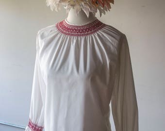 1970s White and Red Embroidered Long Sleeve Blouse