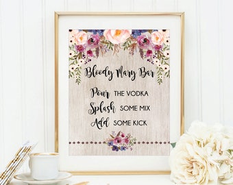Bloody Mary Bar Sign - Rustic Boho Wedding Decoration, Floral Printable Bridal Shower Sign, Pink Flowers Mimosa Cocktail Drink Decor. FL4
