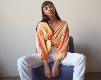 oversized neon cotton striped blouse / button up blouse / button down shirt / s / m / l / 2786t / B18