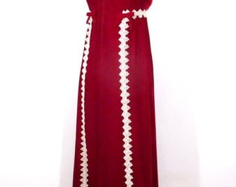 Vintage RED VELVET GOWN Mod Maxi Crochet Gothic 1960's Train Formal Sleeveless S