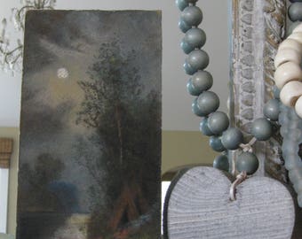 Vintage oil painting, landscape, river/lake, tent, tepee, canoe, campfire, camping, moonlight, rustic cabin decor